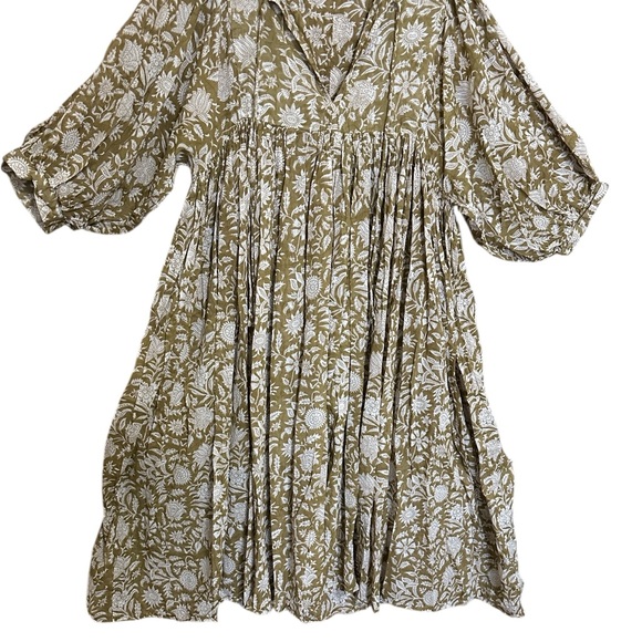 Daughters of India Kira Midi Dress 100% Cotton Boho Green Olive Floral Print  XL - Picture 10 of 13